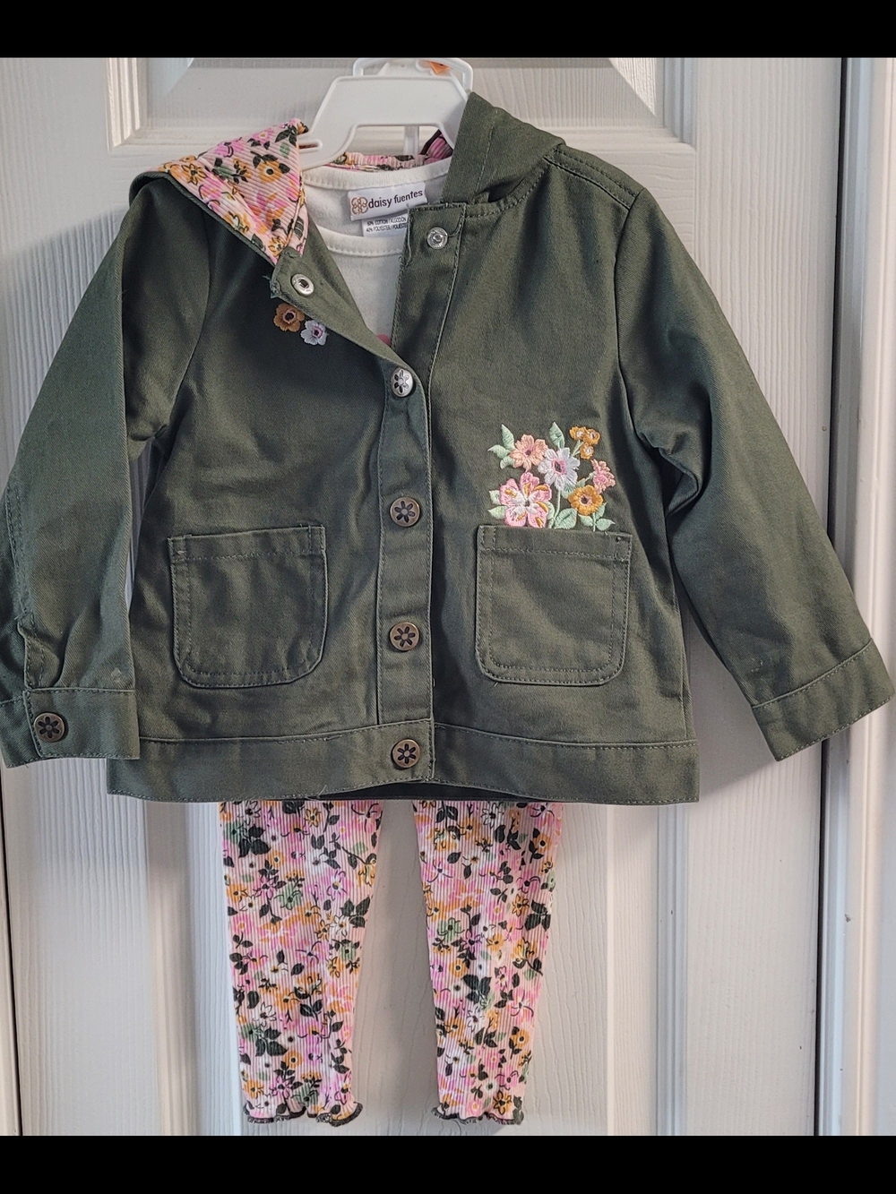 Daisy Fuentes Girls' Olive Floral-Trim Jacket With Matching Pants And Shirt